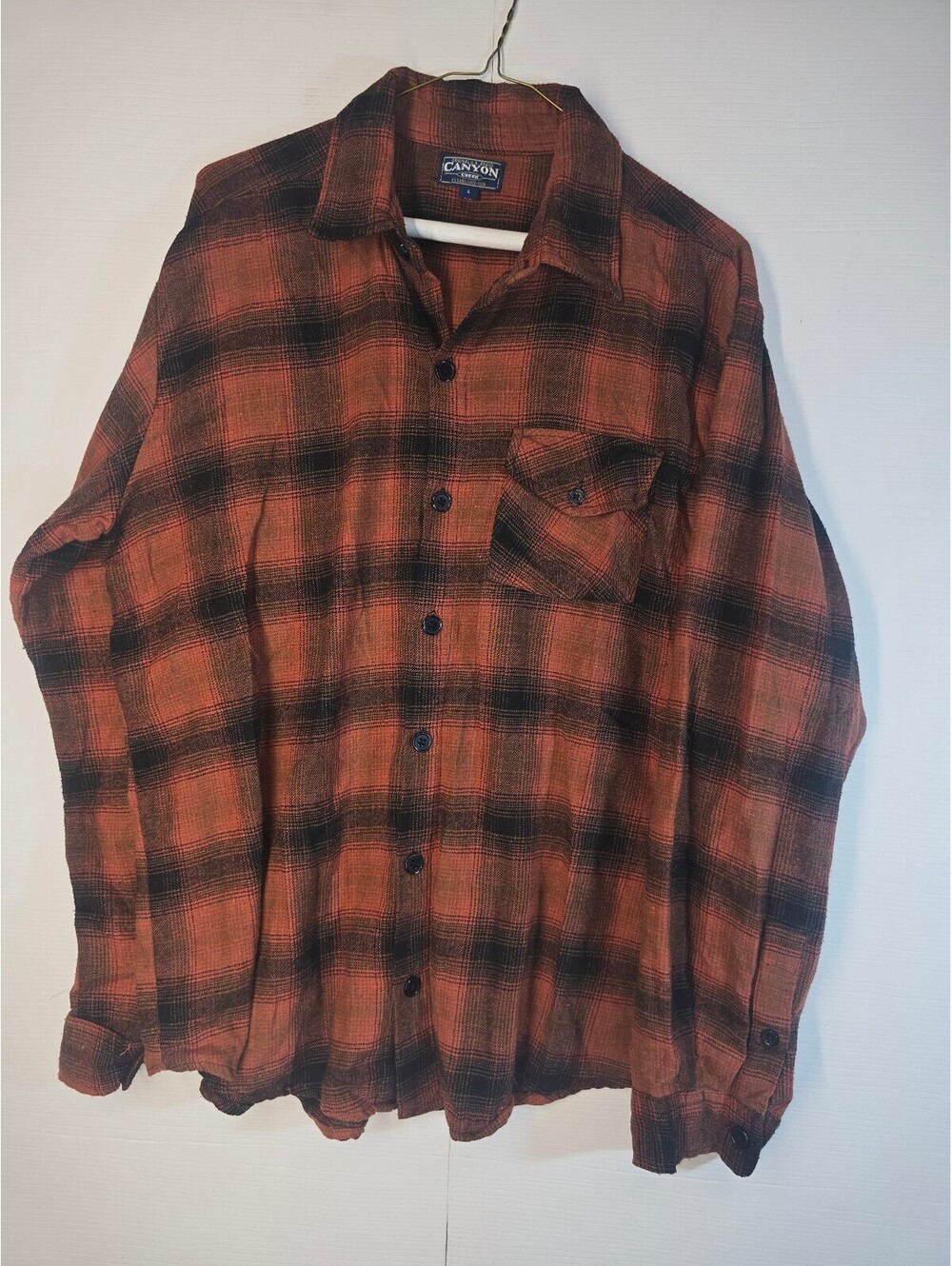 Canyon Creek Mens Large Rust Orange Black Plaid Flannel Shirt Long Sleeve